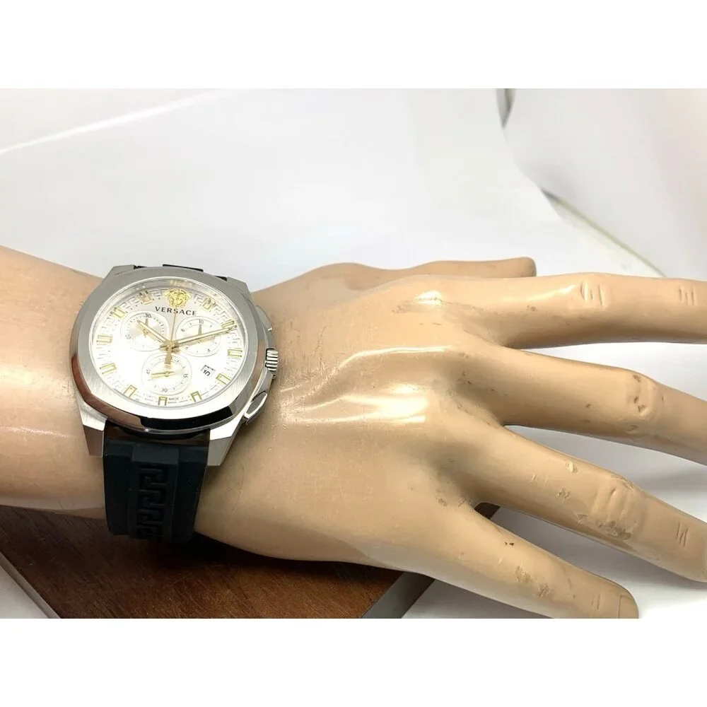 Versace Men's Watch VE7CA0123 Swiss Quartz Chronograph Silver Black Rubber 43mm